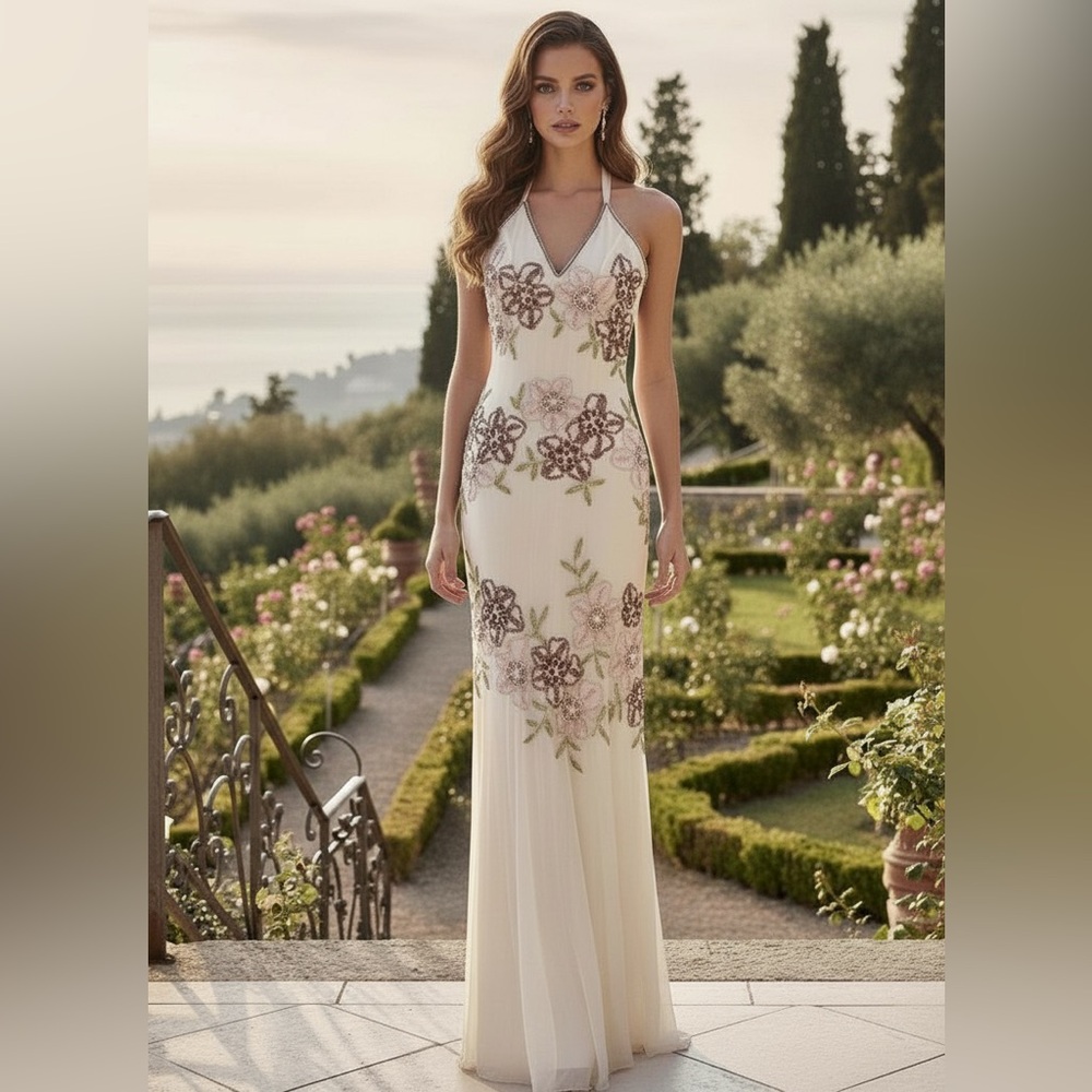Elegant‎ Floral hand beaded Attitudes by Debra Off White Dress